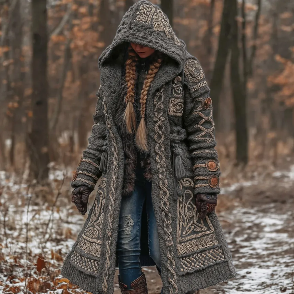 Women's Vintage Viking Celtic Knot Knit Long Sweater Jacket