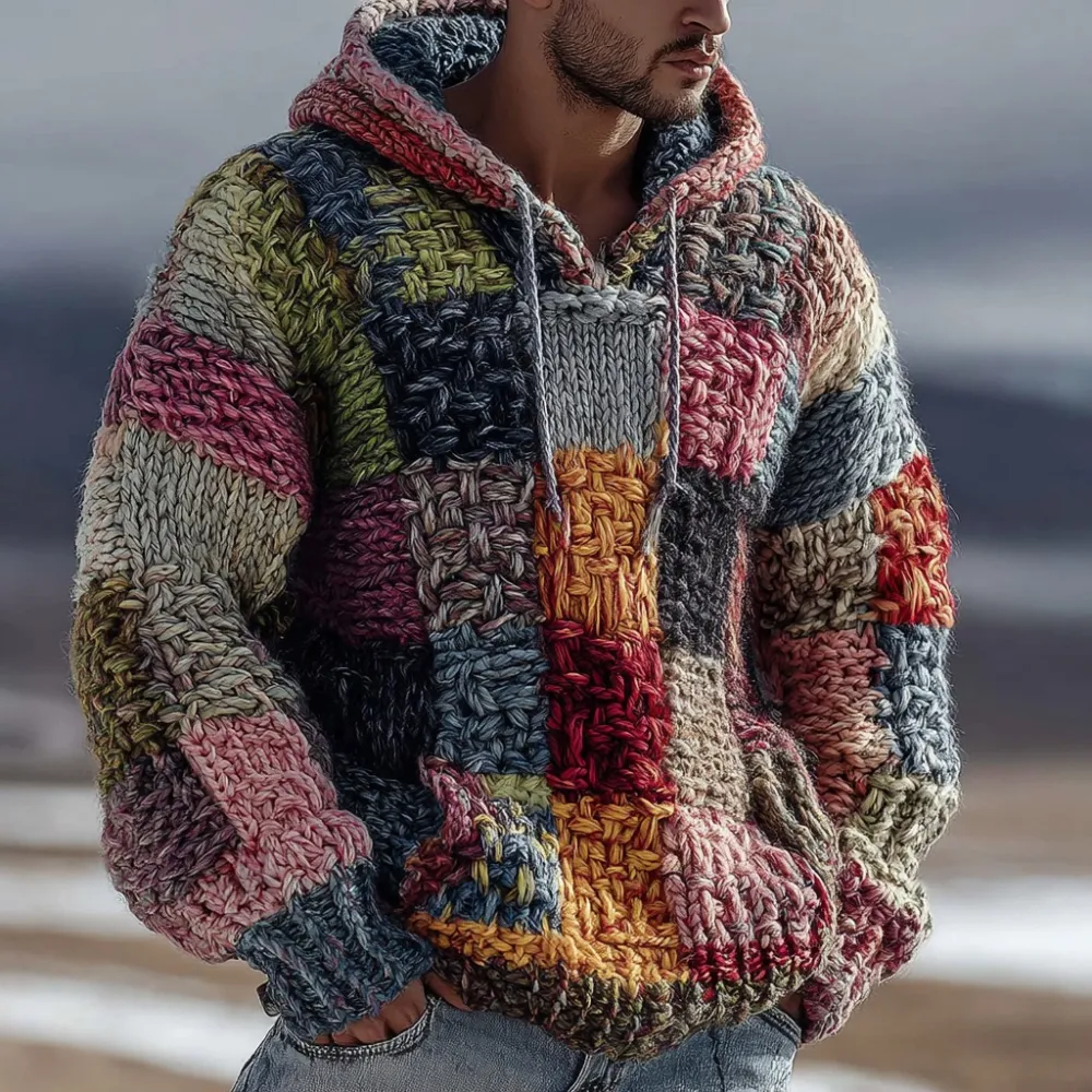 Men's Retro Geometric Knitted Warm Hooded Sweater