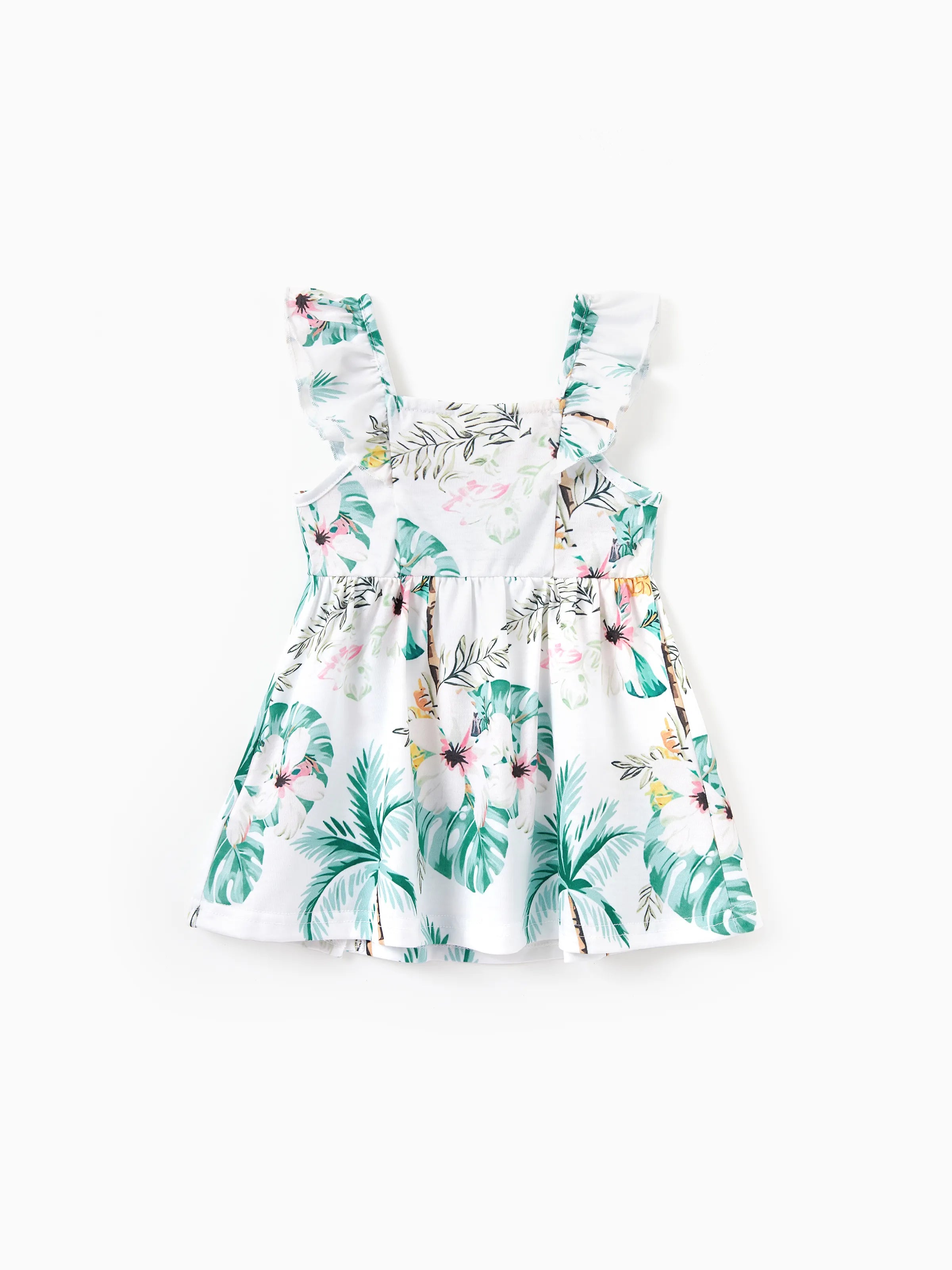 Family Matching Tropical Print Outfits Mommy & Me Tank Dress & Dad/Kids Cotton T-Shirt Set
 Green