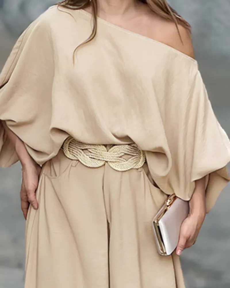 Women's Skew Neck Lantern Sleeve Top & Wide Leg Pants Set