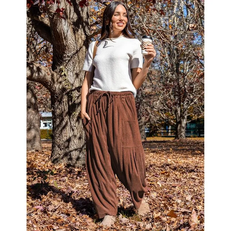 Womens Corduroy Pants Wide Leg Palazzo Harem Pants