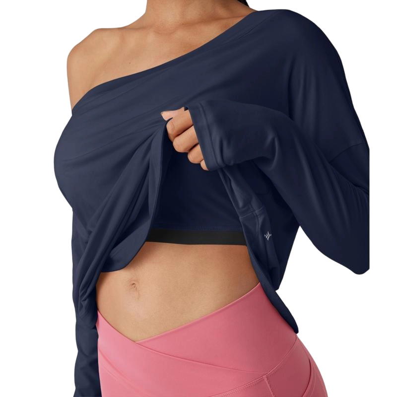 Women’s One-Shoulder Long Sleeve Yoga Top with Built-In Bra
