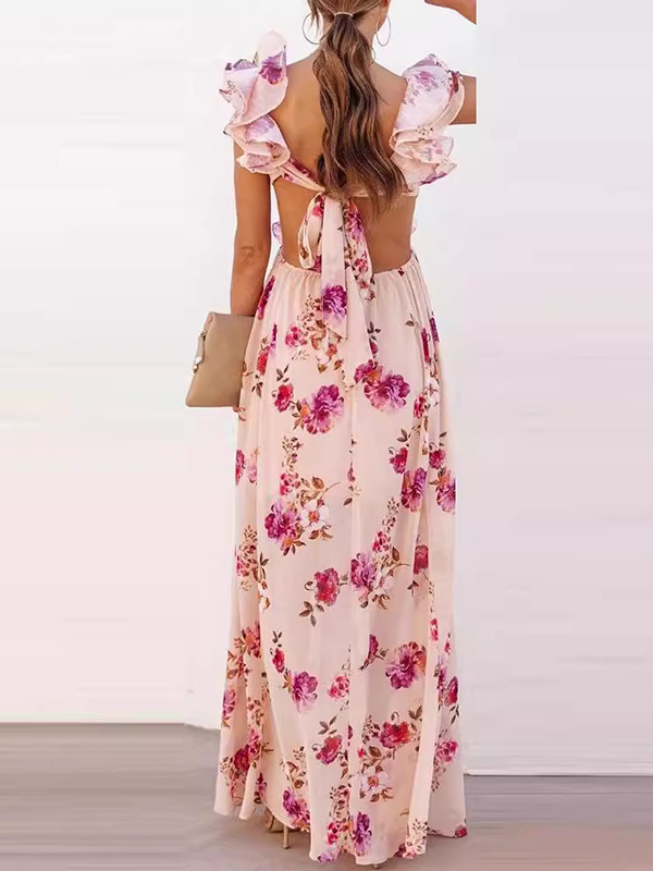 Flower Printed Sleeveless V-Neck Ruffled Elegant Backless Maxi Dresses