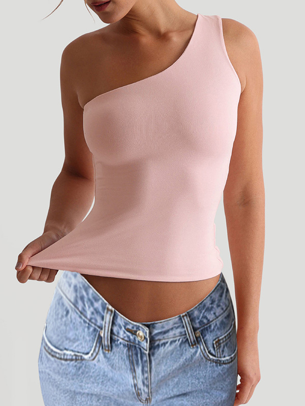 Solid Color Skinny Sleeveless One-Shoulder Vest Top