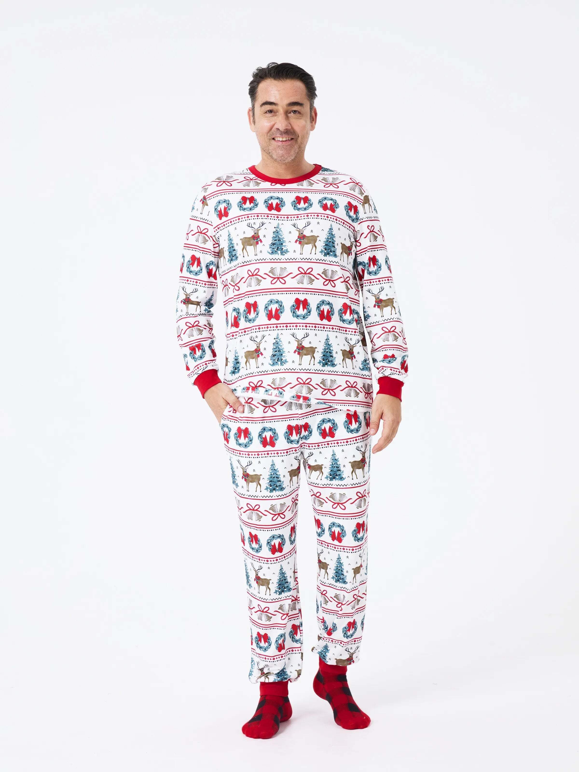 Christmas Matching Family Pajamas Set Christmas Elk and Bell Print Striped PJS with Christmas Socks White