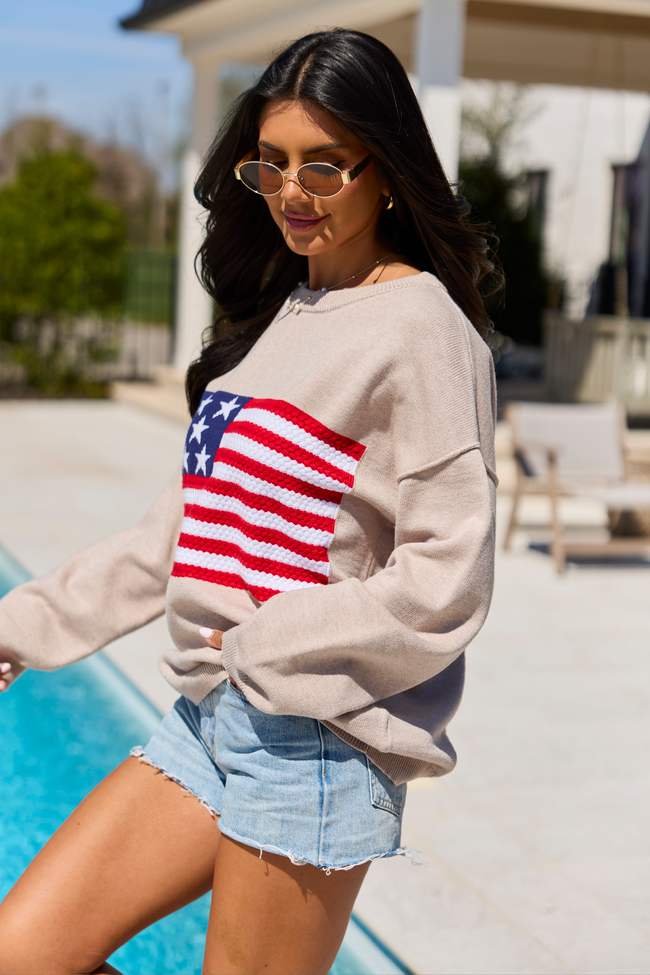 Home Of The Free Taupe Textured Flag Sweater