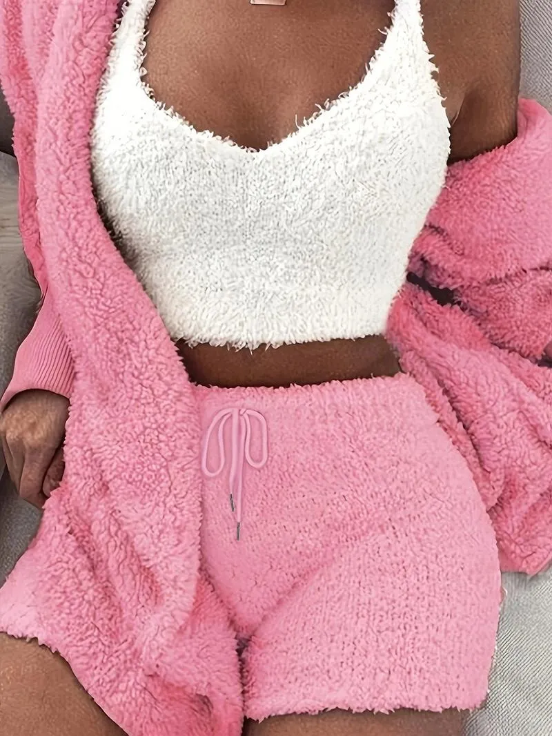 Women's Solid Color Plush Three-piece Pyjama Set, Fluffy Pajamas