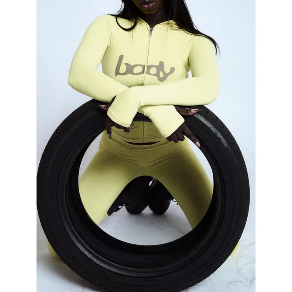 Women's Fall Winter Hooded Letter Print Zipper Jacket and Pants Set