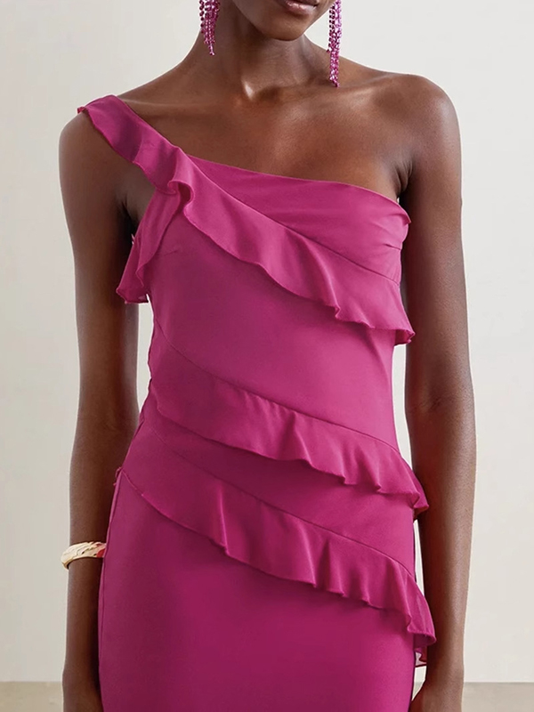 Solid Color Ruffled Asymmetric Sleeveless Elegant Wrap Maxi Dresses