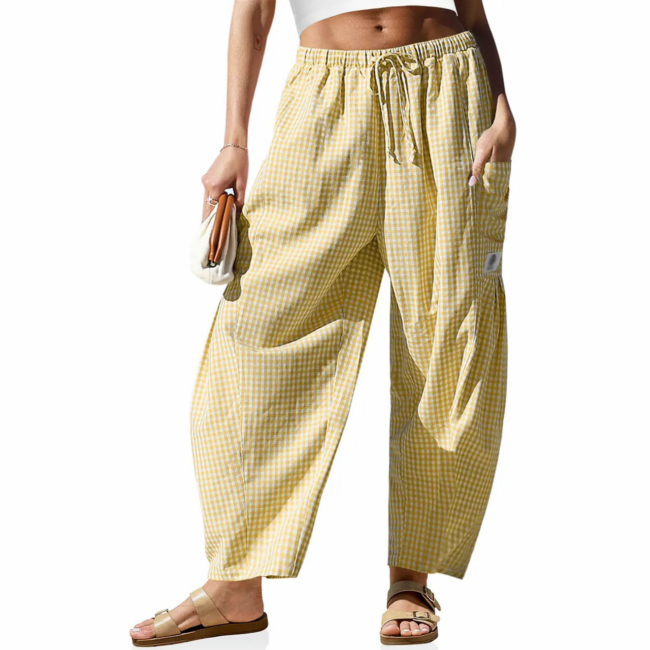 Women's Gingham Striped Wide Leg Pants – Low Waist Drawstring Palazzo with Pockets