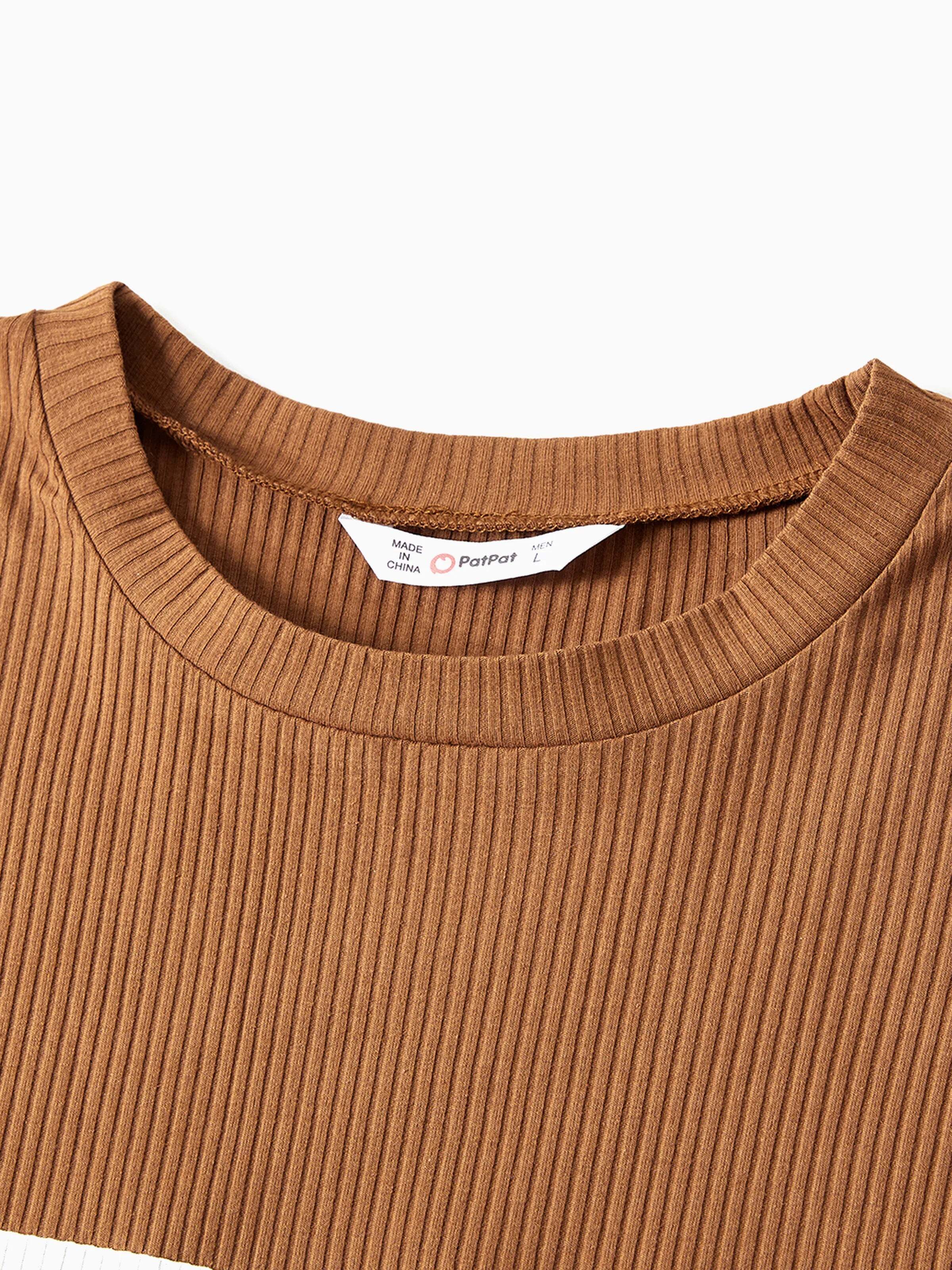 Family Matching Coffee Ribbed Spliced Plaid Belted Dresses and Long-sleeve Colorblock Tops Set Coffee