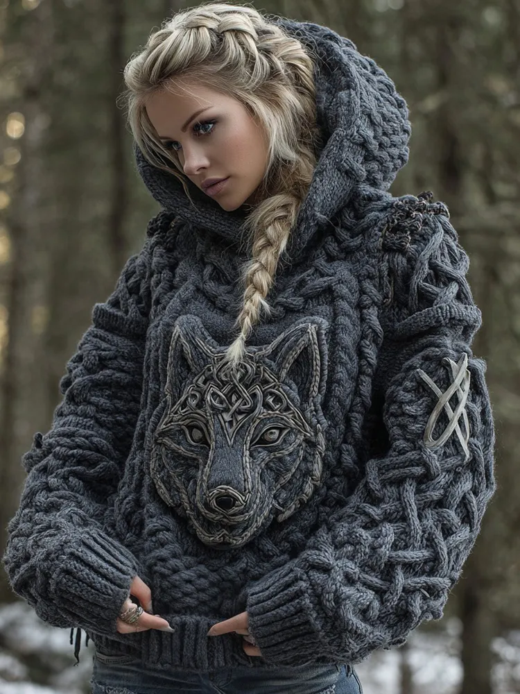 Women's Viking Celtic Wolf Knit Jacquard Warm Hooded Sweater