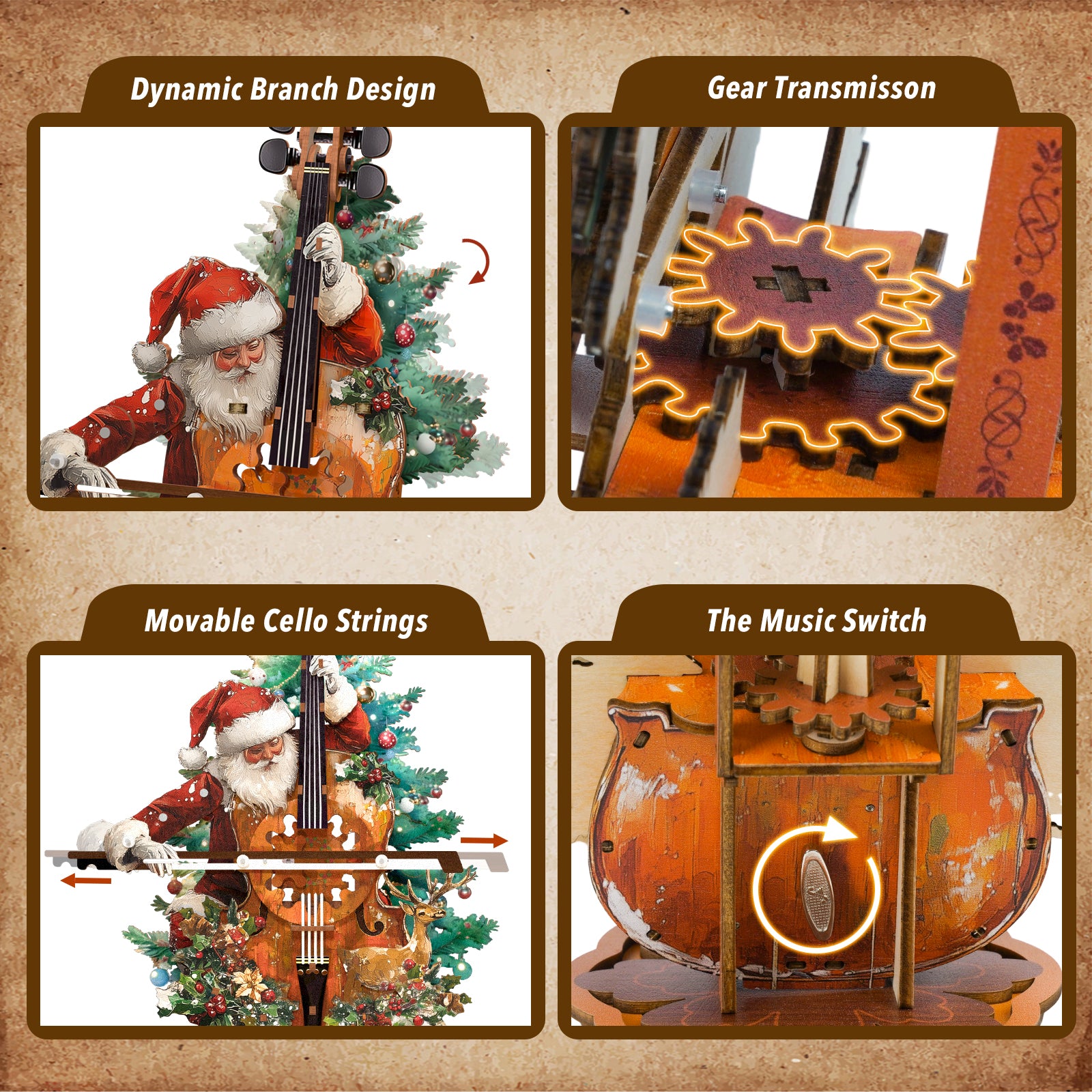 Christmas Concerto Cello – DIY Wooden Music Box, 3D Puzzle Craft Kit