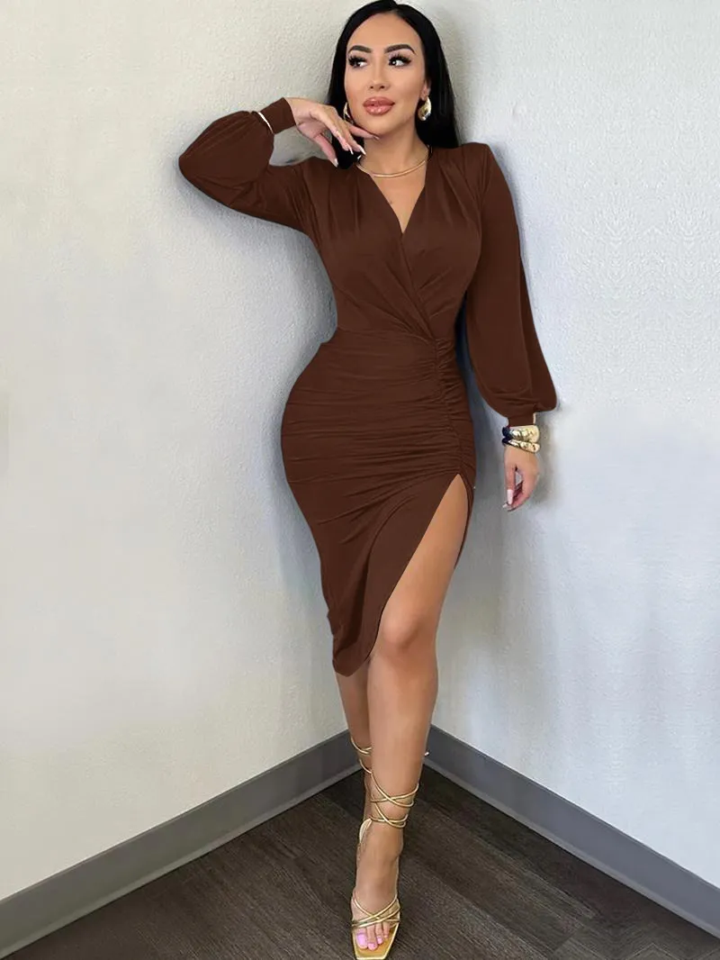 Women's Plain Ruched Wrap Split Thigh Bodycon Dress