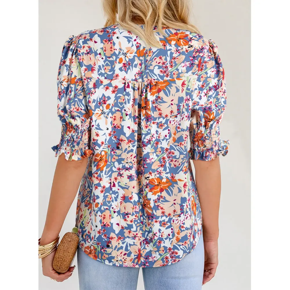 Womens Graphic Solid V Neck T Shirts Tops Casual Ruffle Short Sleeve Blouses Boho Floral