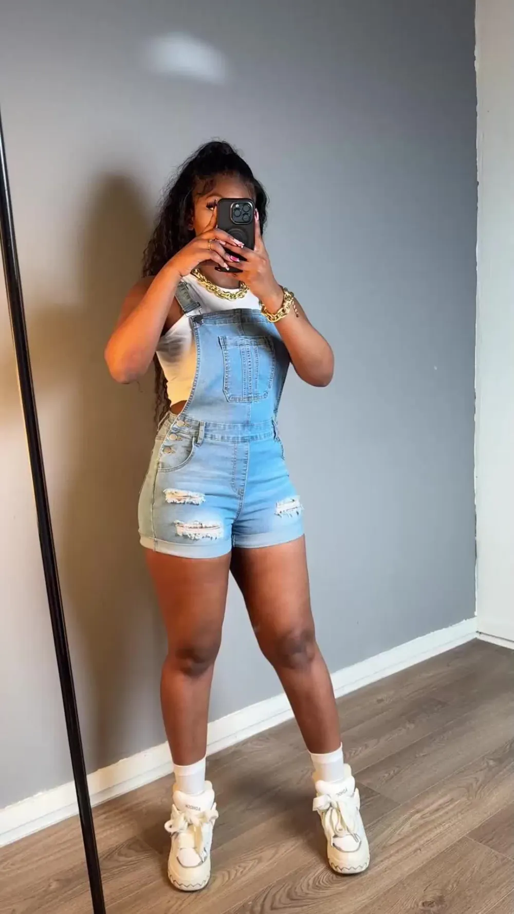 Women's Ripped Denim Bib Shorts - Dark Wash & Adjustable Straps