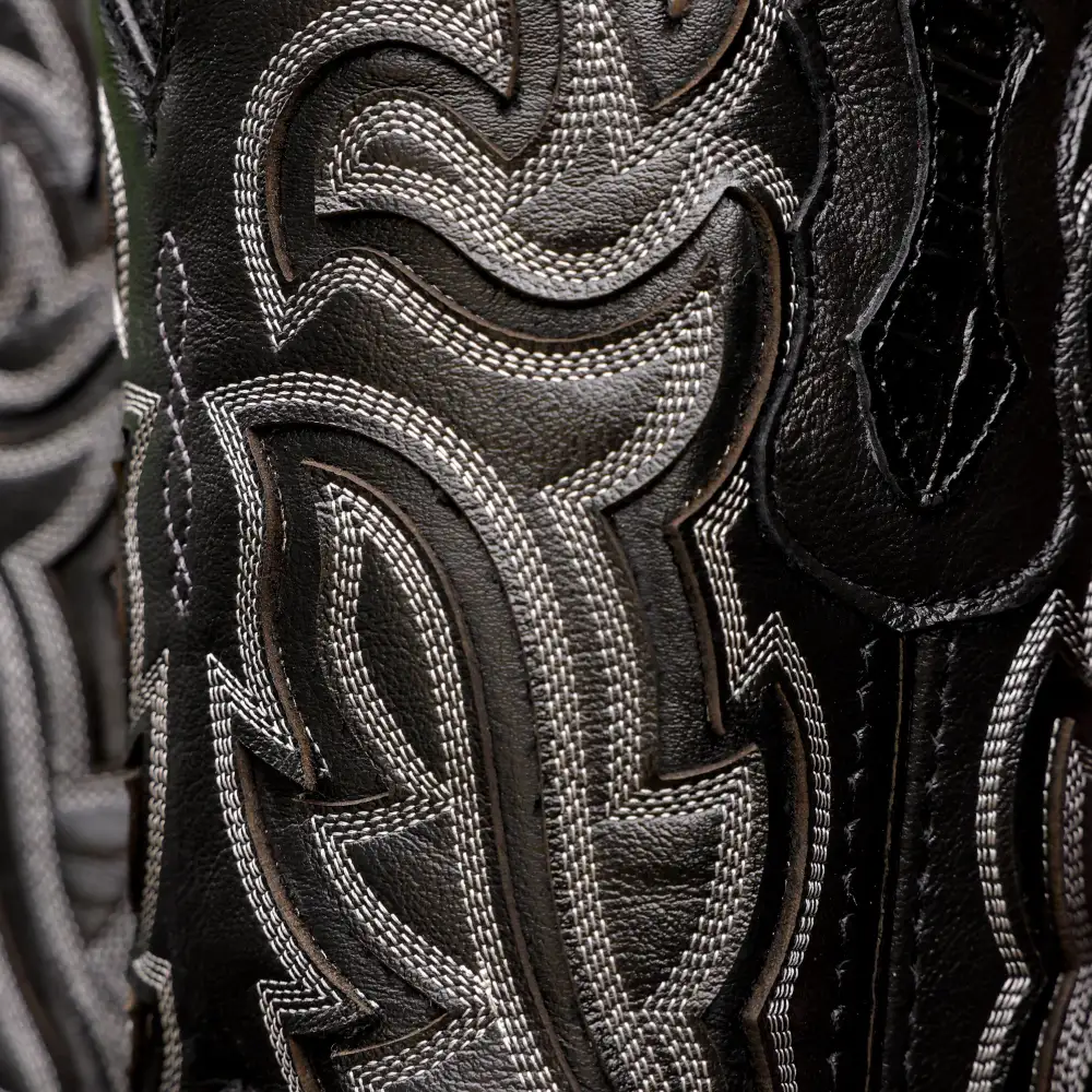 Black Caiman Neck Leather Boots - Square Toe