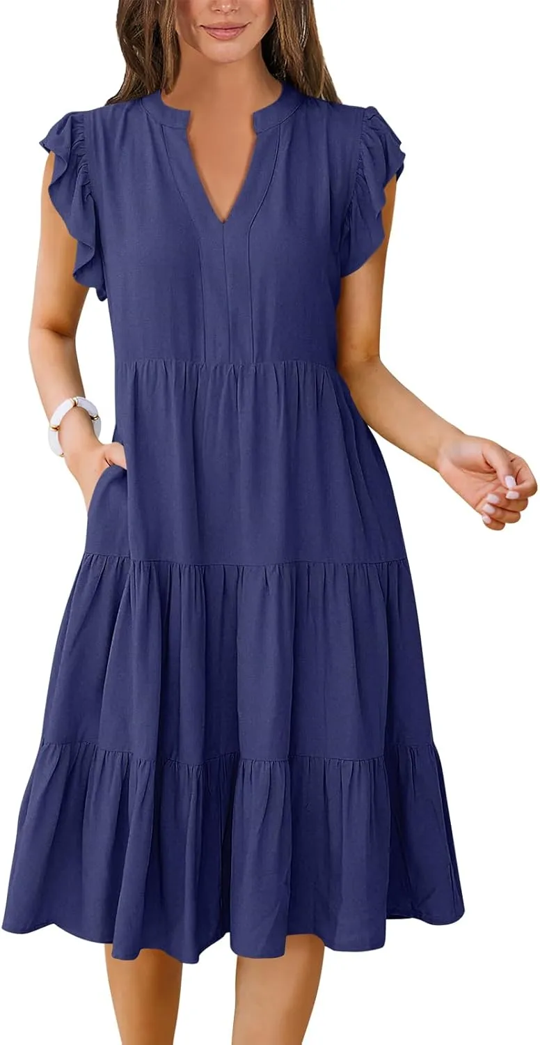 Women's Ruffle Sleeve V-Neck Tiered Midi Dress