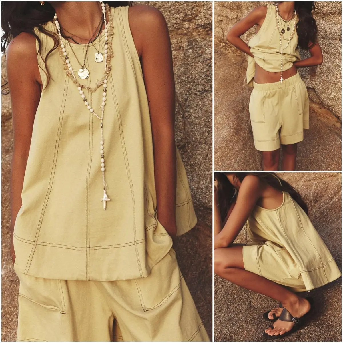 Womens 2 Piece Outfits Sleeveless Matching Sets A Line Tank Tops Contrast Stitching High Waist Shorts with Pockets