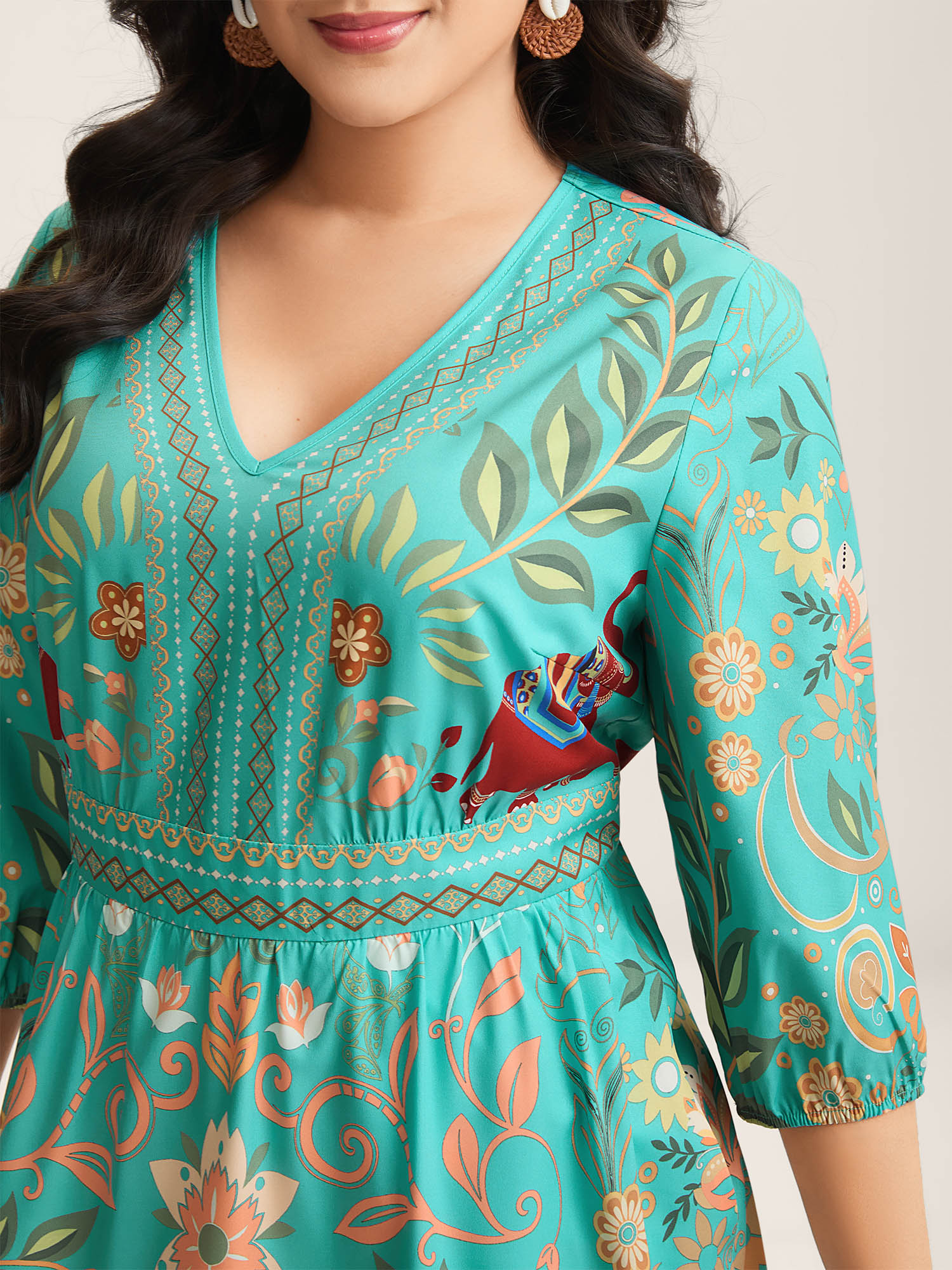 Boho Print V-Neck Pockets Mini Dress