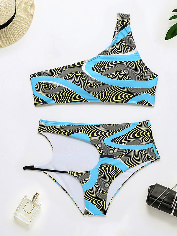 One-Shoulder Padded Bralette High-Waisted Hollow Bikini Swimwear