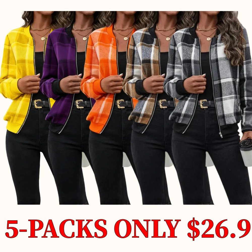 Women's plaid print zip-up bomber jacket