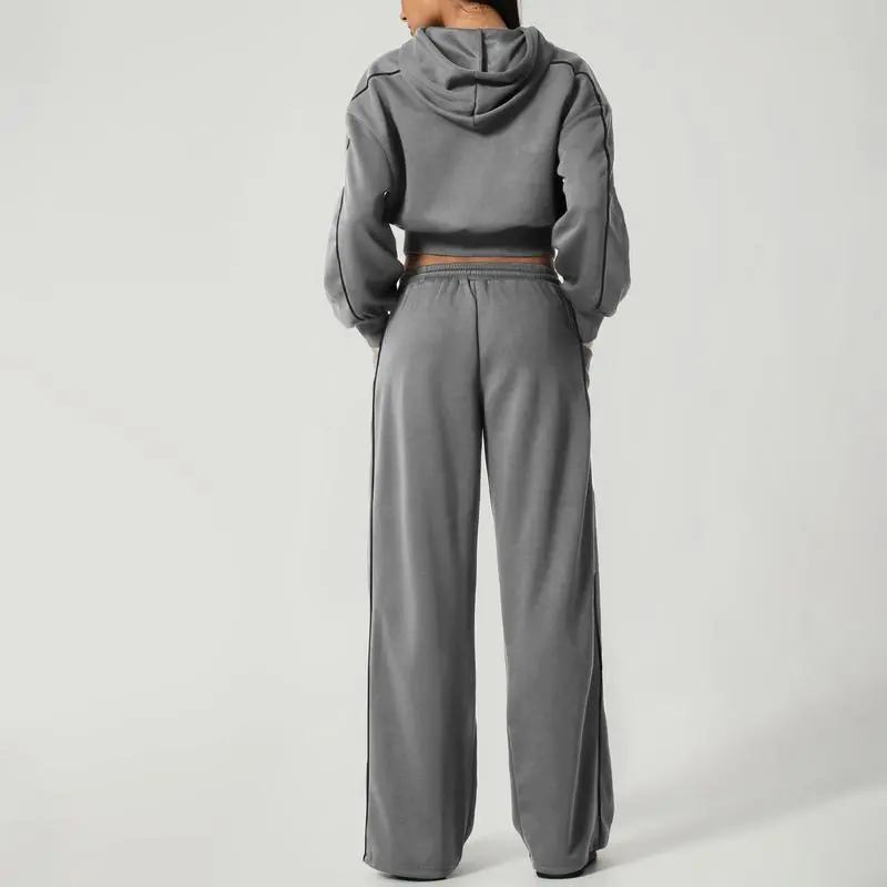 Women’s Hooded Tracksuit Set (Cropped Hoodie + Wide Leg Pants)