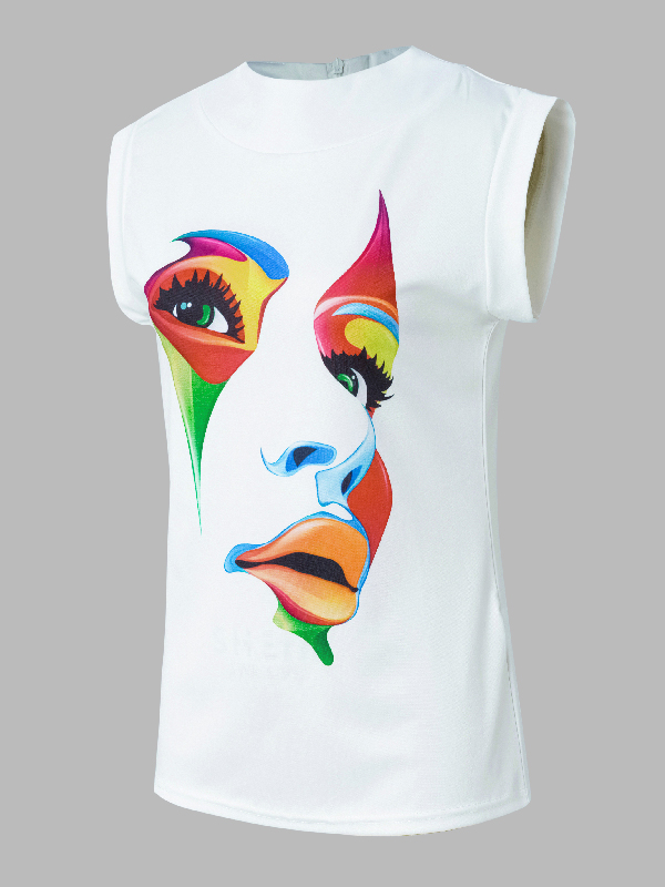 Cap Sleeve Loose Multi-Colored Printed High-Neck T-Shirts Tops