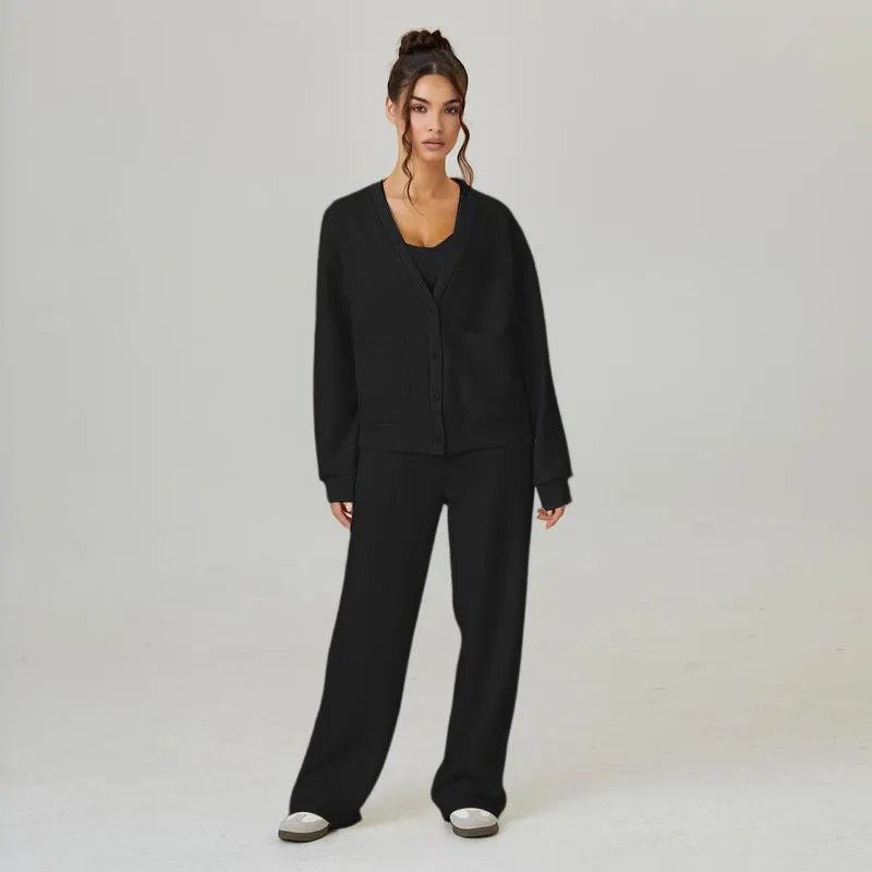 Women's Slouchy Solid Color V Neck Long Sleeve Button Cardigan & Drawstring Waist Trousers Co-ord