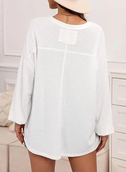 Casual Blouses V Neck Waffle Knit Tops