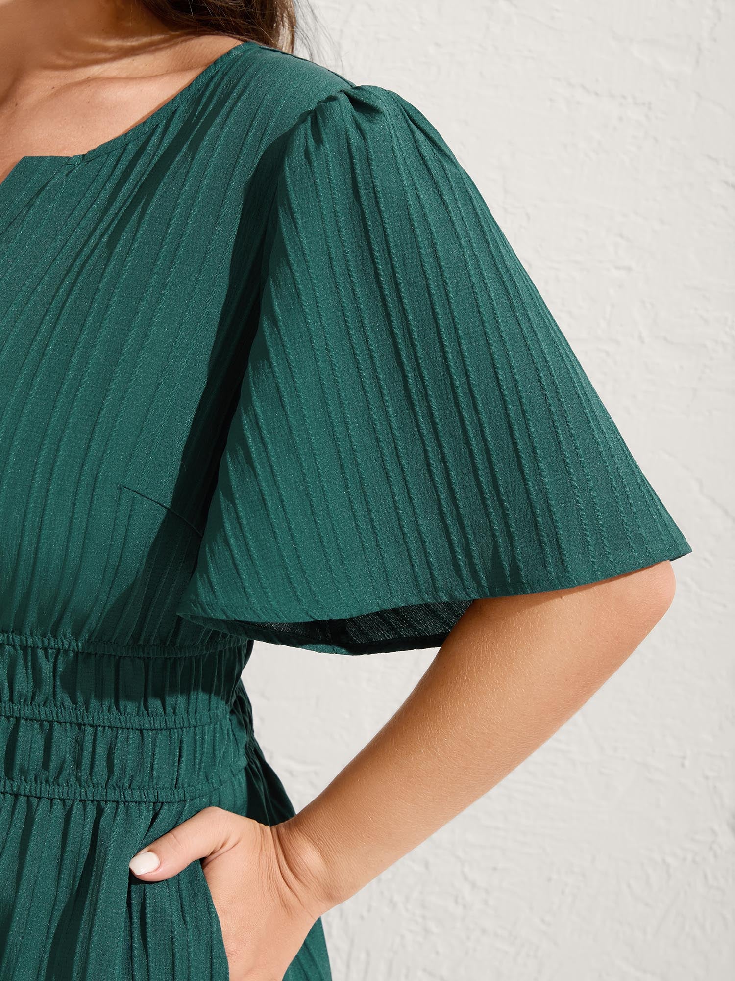 Textured Shirred Cinched Waist Maxi Dress