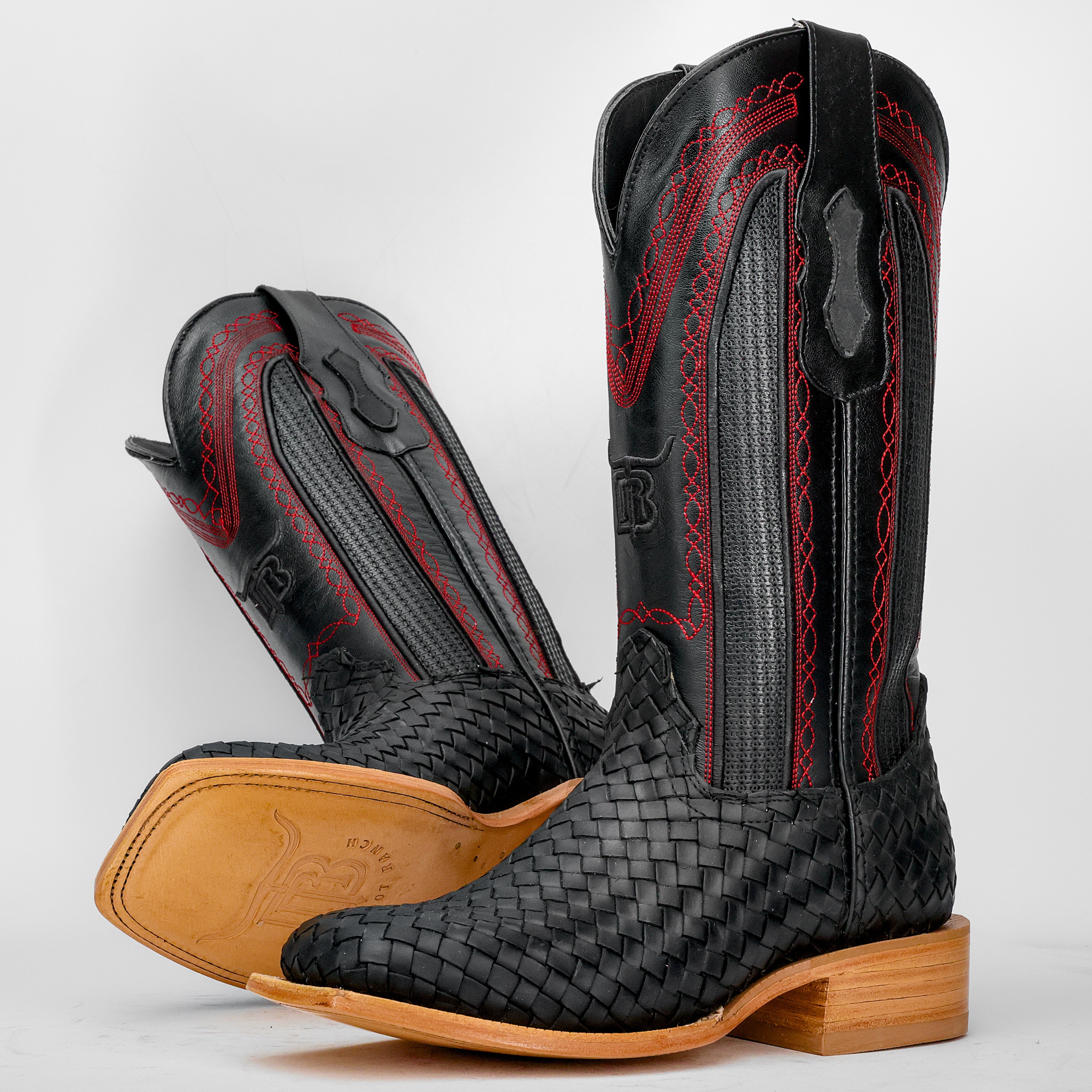 Black Basketweave Leather Boots - Square Toe