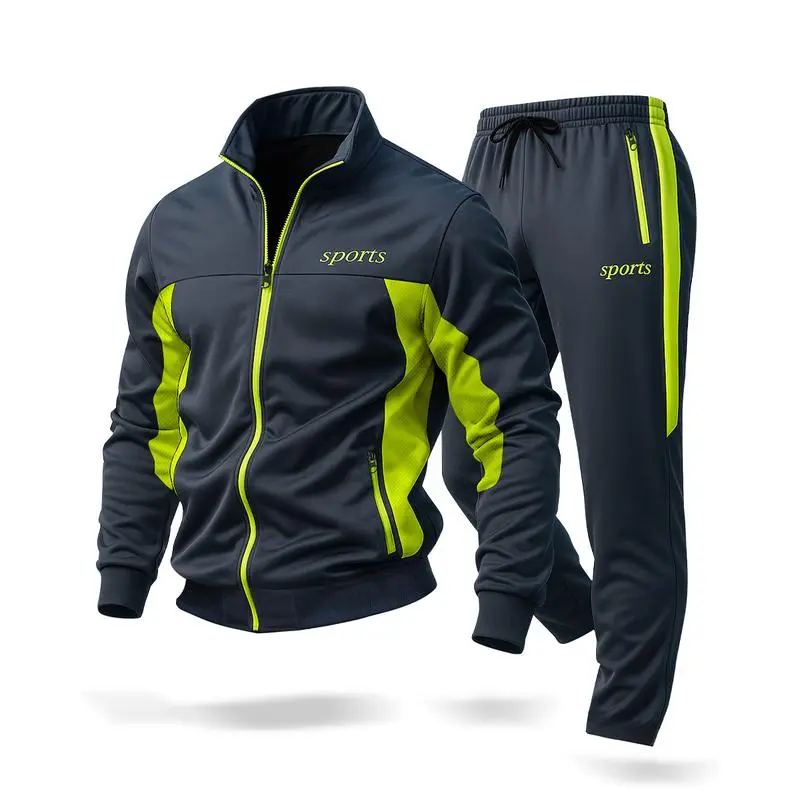 Men's casual stand-up collar jacket paired with sweatpants, breathable and comfortable.