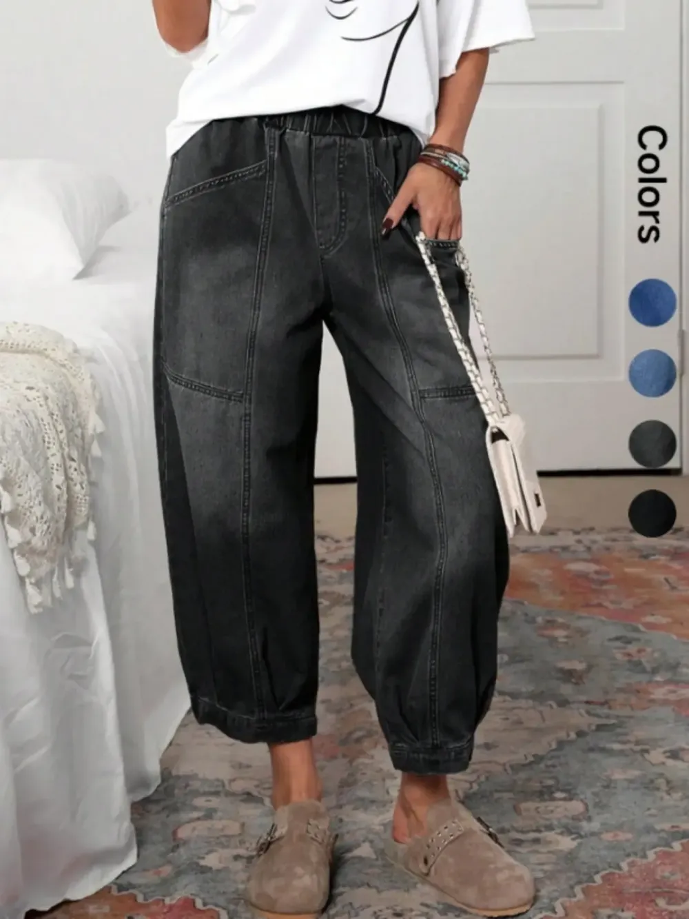 Women's Plaid Loose-Fit Woven Denim Jeans, Casual All-Seasons Comfortable Design