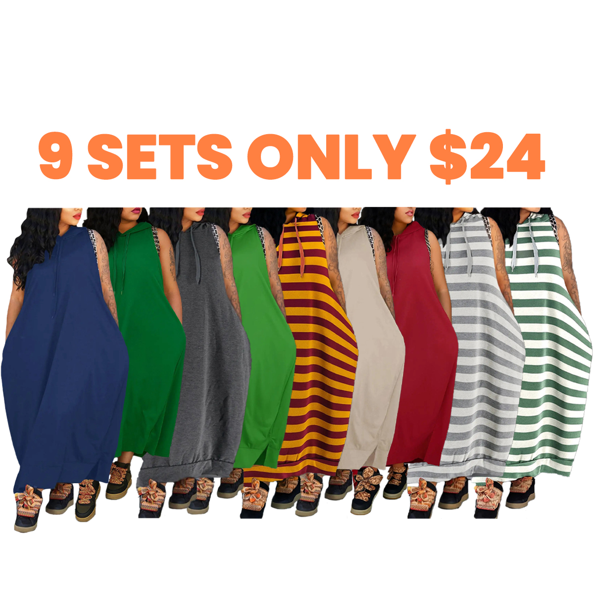 👍9 - PACK Women's Plain Drawstring Hoodie Tank Dress with Pocket for Summer