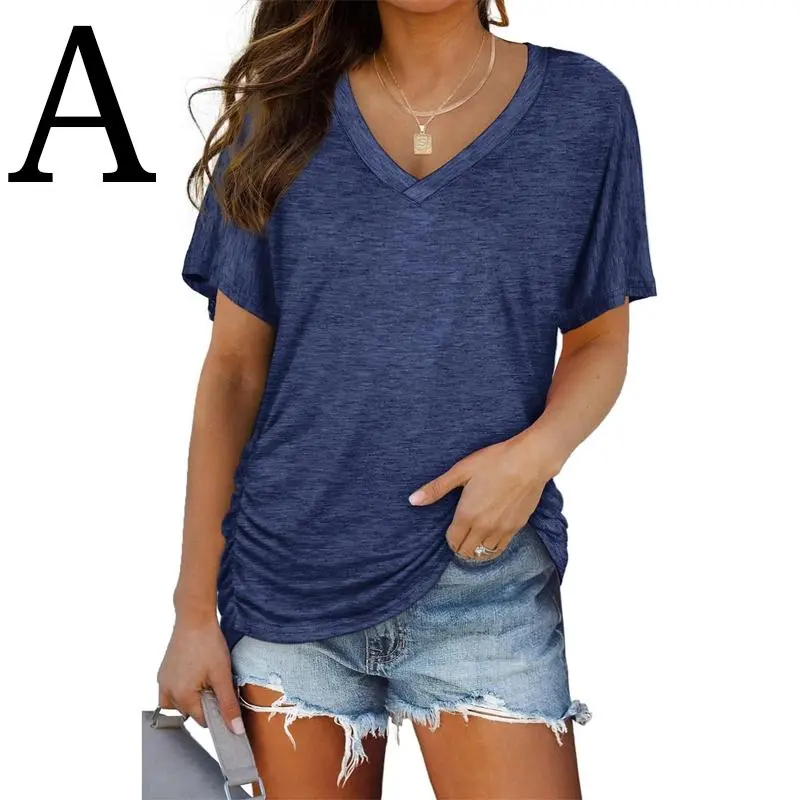 Womens Short Sleeve V Neck Dolman Tops with Side Shirring Loose Fit Shirts