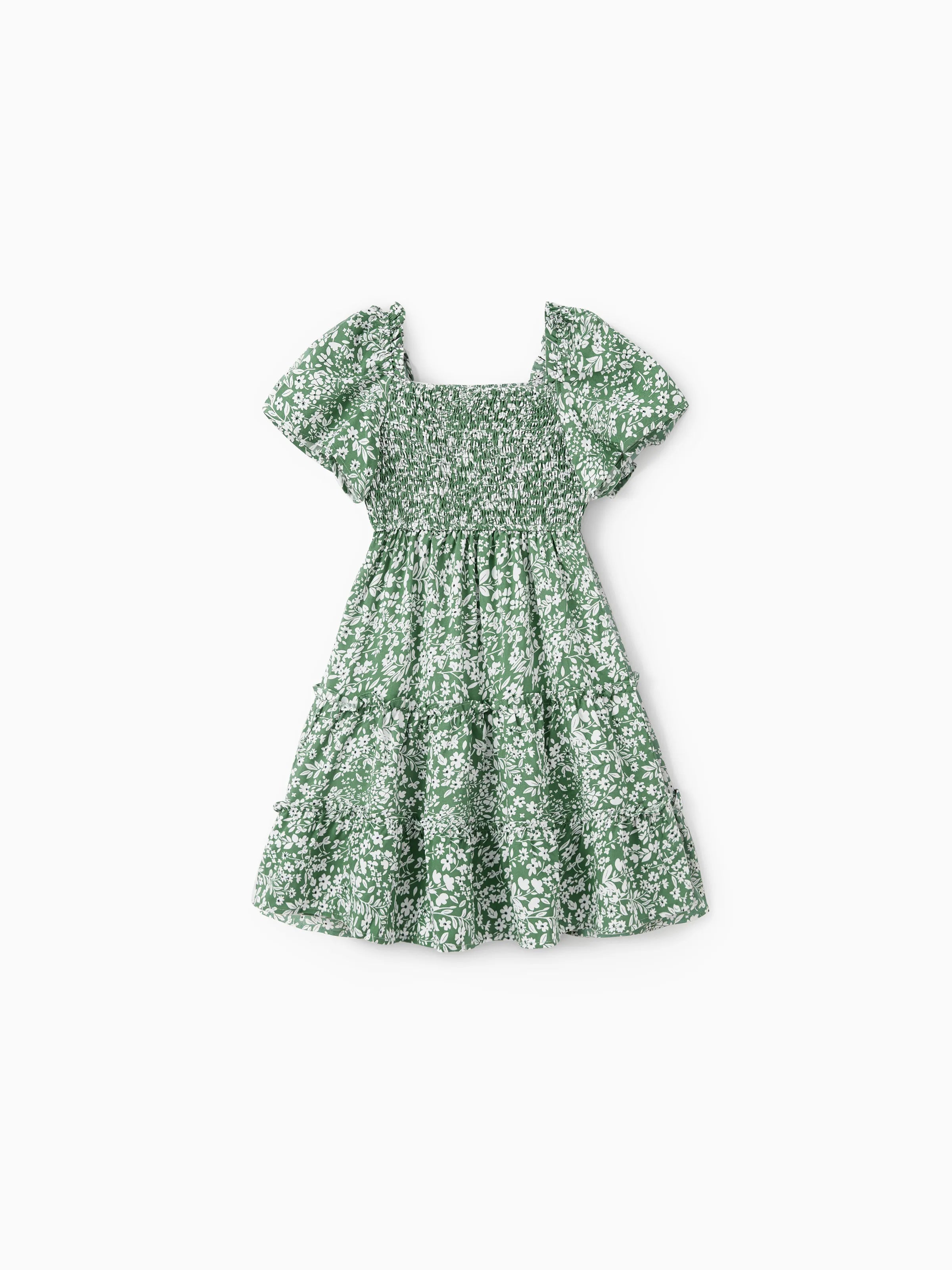 Elegant Broken Flower Matching Outfits for Family, Smocking Design, Medium Thickness Green