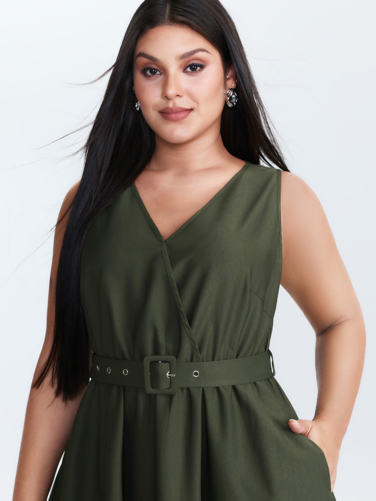 Waist-Tie Asymmetrical Hem Pockets Midi Dress