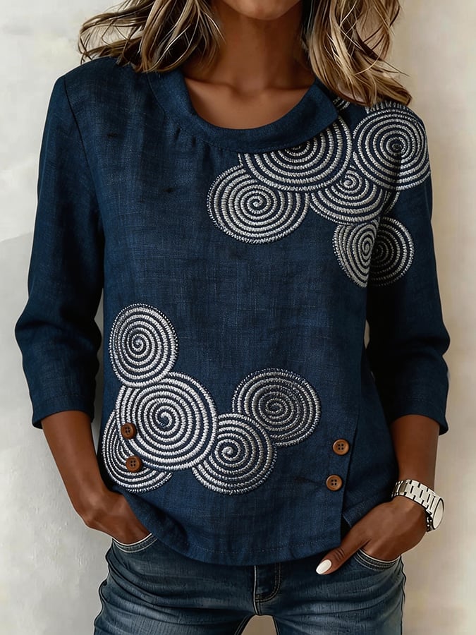 Women's Casual Round Neck Printed Cotton Linen Shirt- Fast Shipping