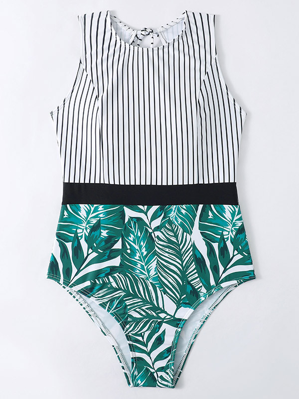 Striped+Floral Printed Split-Joint One-Piece Swimwear
