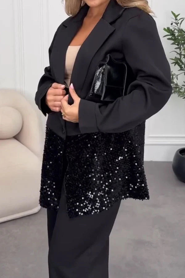 Women Elegant Sequined Suit + Wide-Leg Pants Suit
