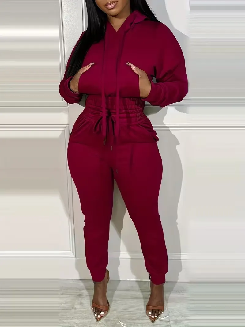 Womens 2 Piece Outfits Lounge Hoodie Shirred Waist Pocket Design Sweatshirt