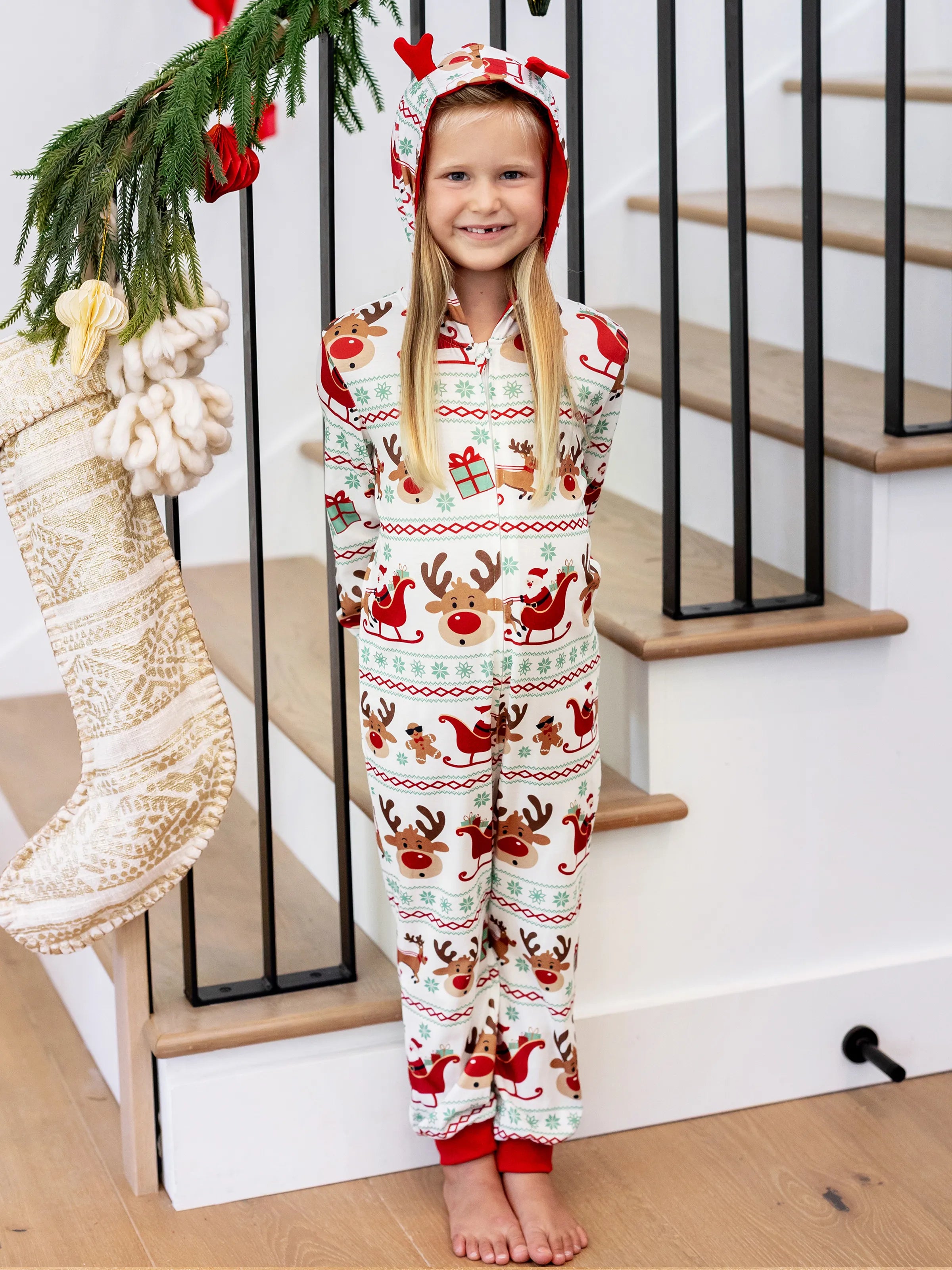 Christmas Onesies Matching Family Pajamas Set Reindeer Print Long-sleeve PJS with Christmas Socks Red
