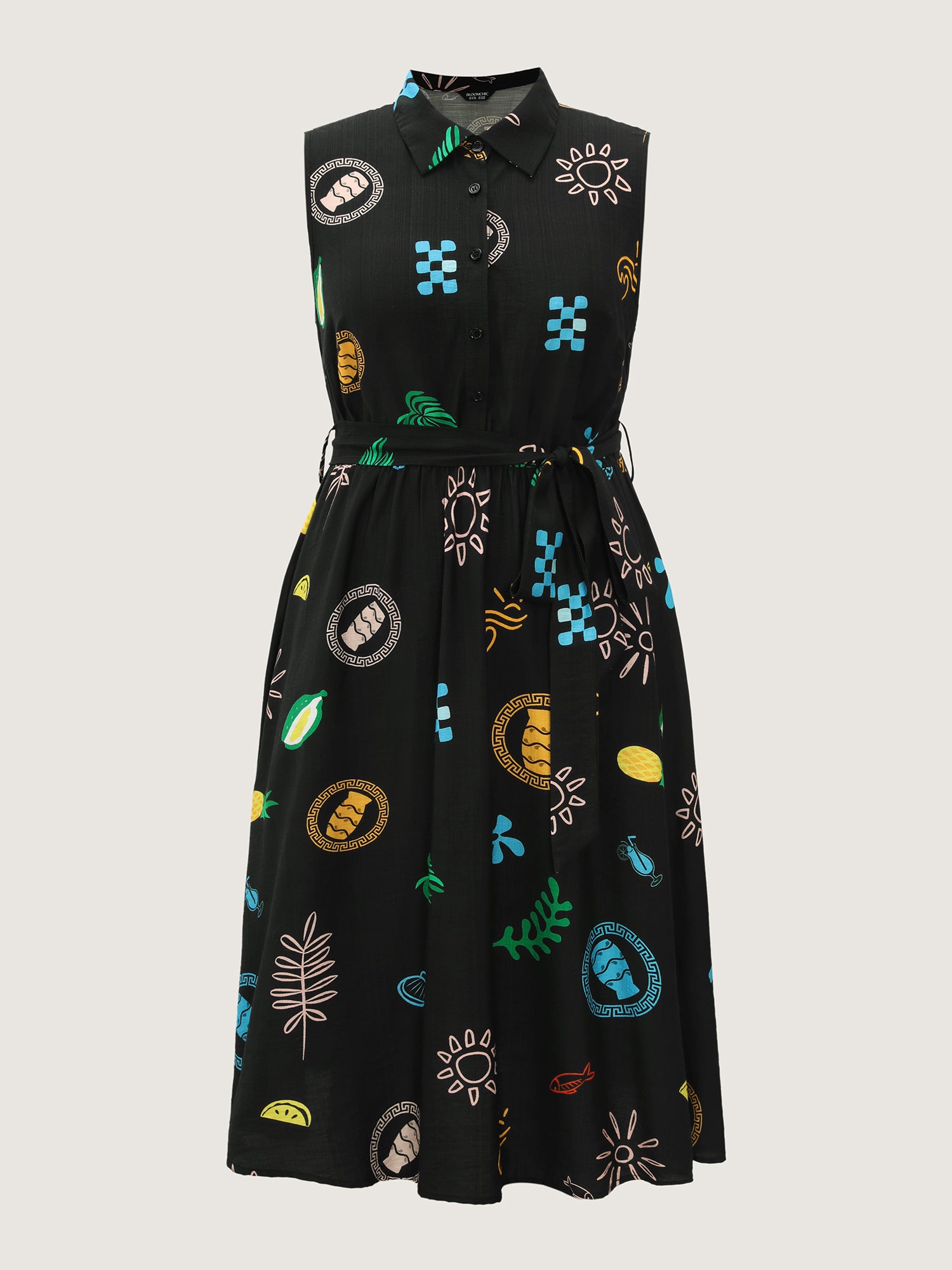 Sunshine Pineapples Collar Sleeveless Midi Dress
