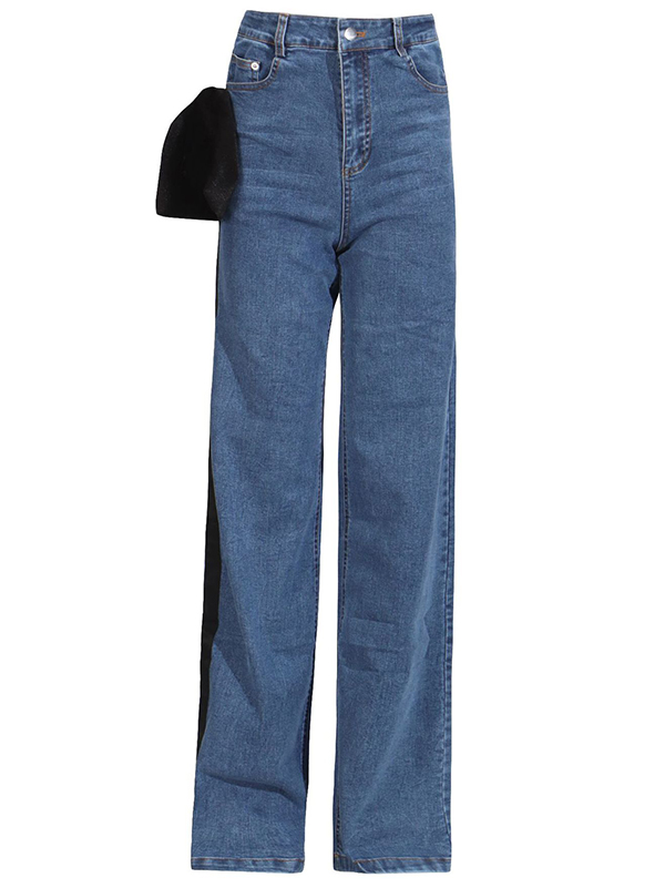 Buttoned Contrast Color Pockets Tied High Waisted Loose Jean Pants Bottoms