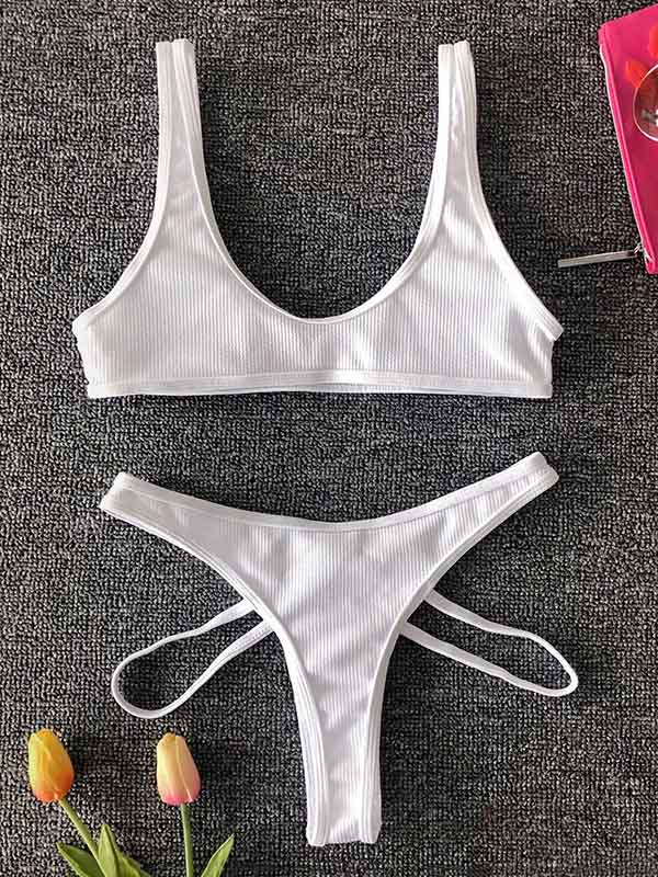 Solid Color U-Neck Bralette Hipster Hollow Bikini Swimwear