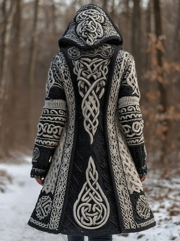 Women's Vintage Viking Celtic Knot Knit Long Sweater Jacket