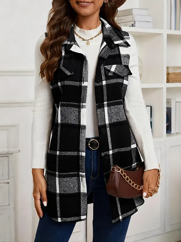 Women's Plaid Print Button Front Vest Coat