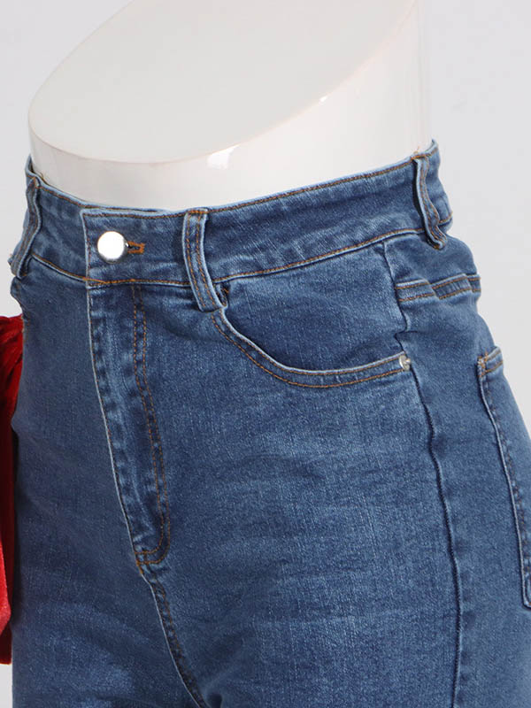 Buttoned Contrast Color Pockets Tied High Waisted Loose Jean Pants Bottoms
