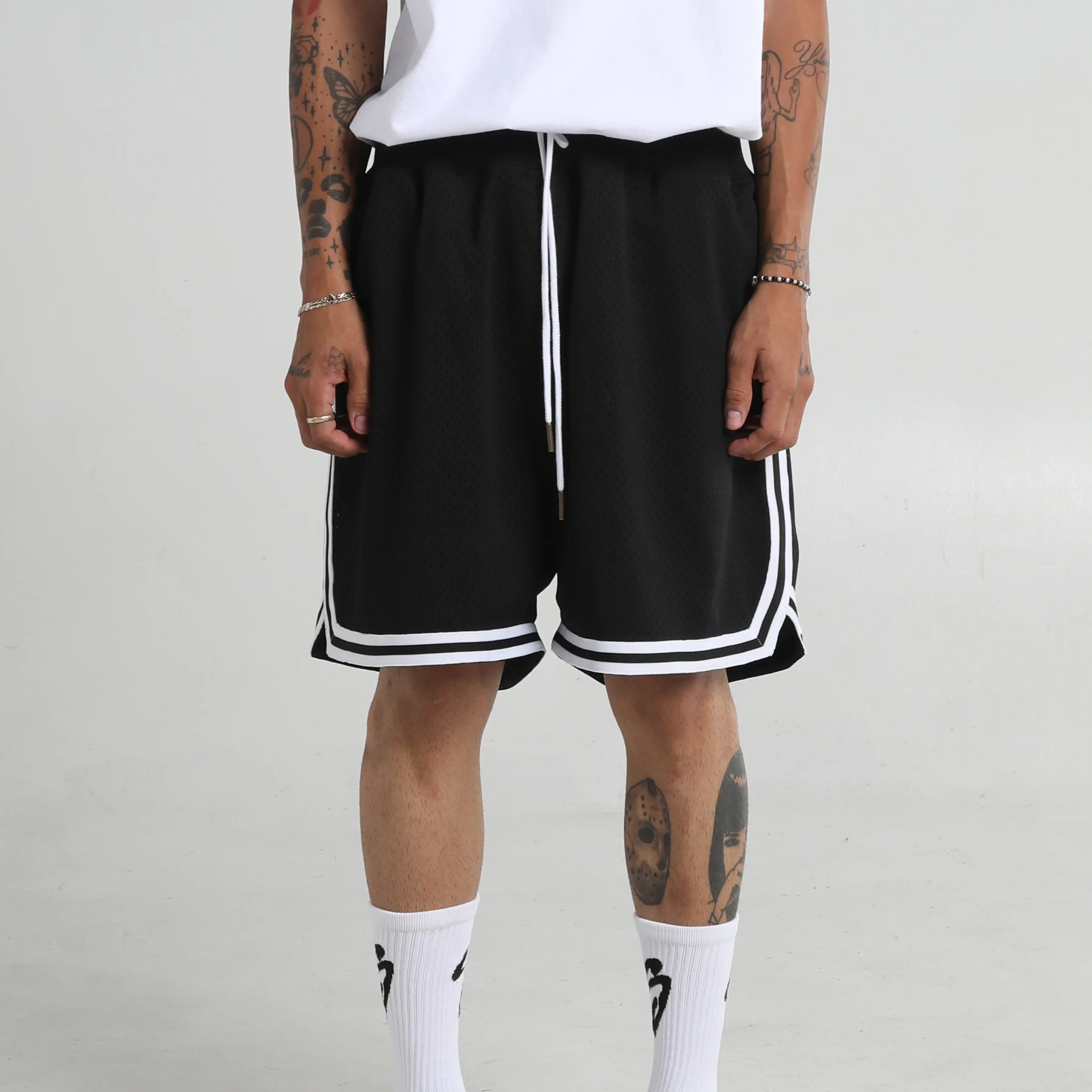 Basketball Shorts - Black & White Tonal Ribbing, 3 Pockets, Wide Leg Opening, True to Size Fit